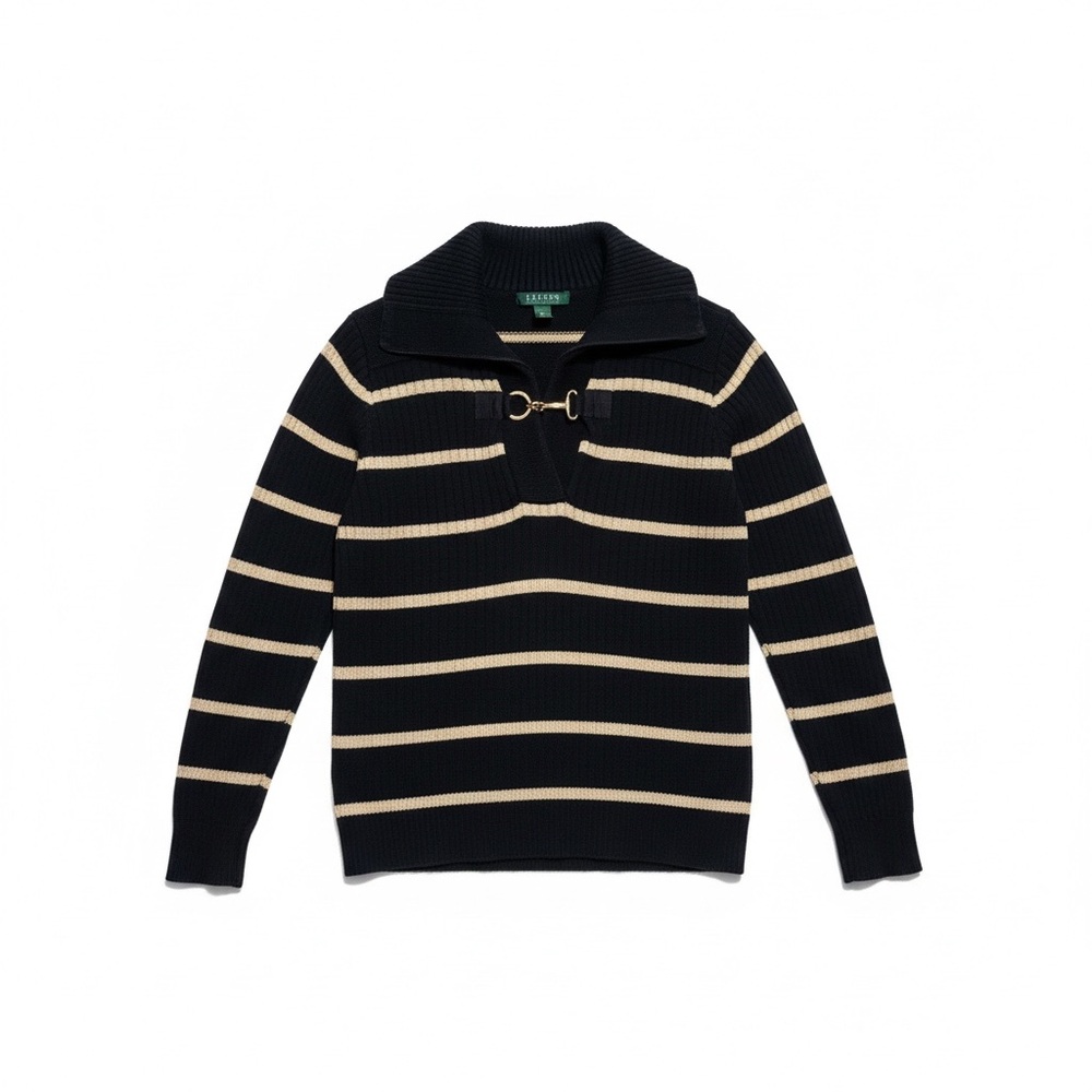 Lauren Ralph‎ Lauren Vintage Stripe Sweater Women's Large Black Gold Metallic